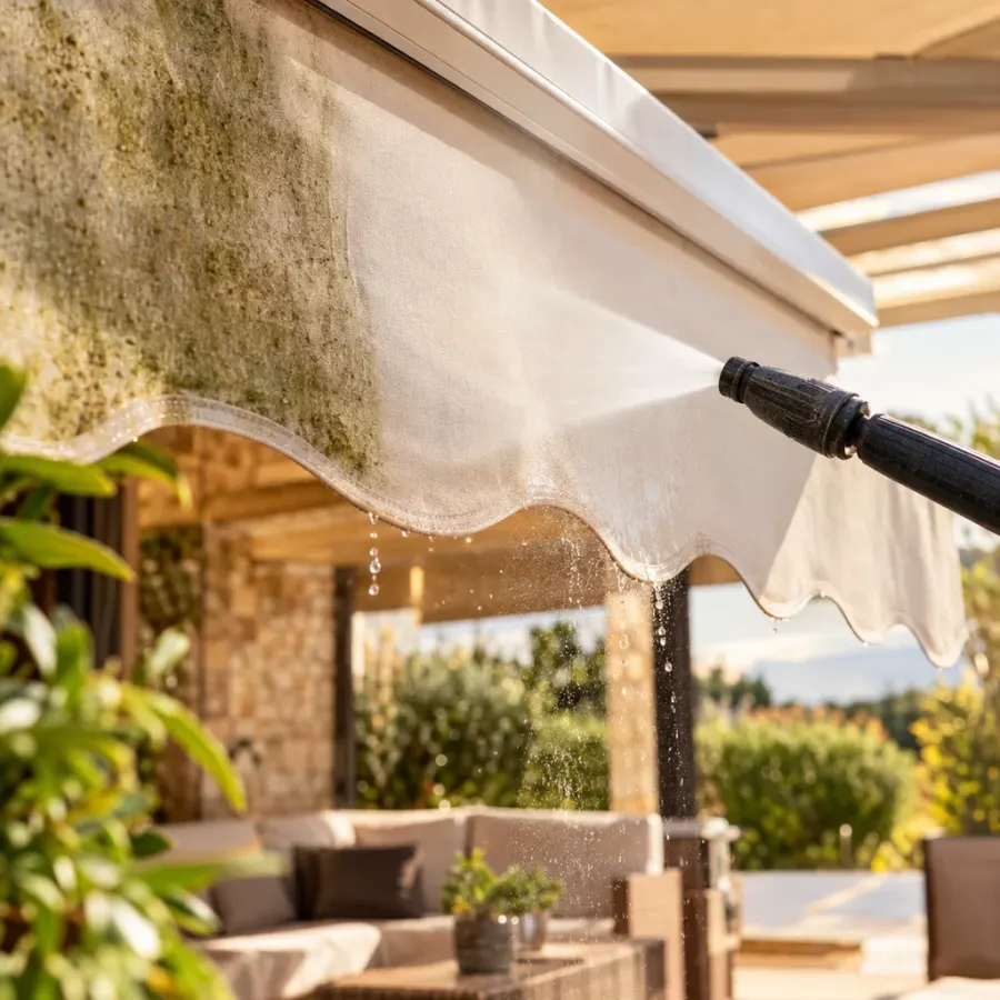 Artisan J.A. Stores & Nettoyage réglant la toile d'un store banne sur une villa des Alpes-Maritimes