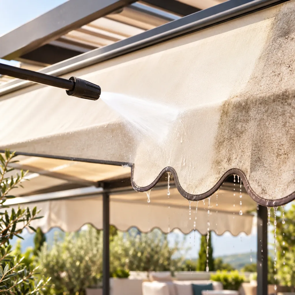 Nettoyage d'une toile de store banne et de son lambrequin sur une villa de la Côte d'Azur - J.A. Stores & Nettoyage