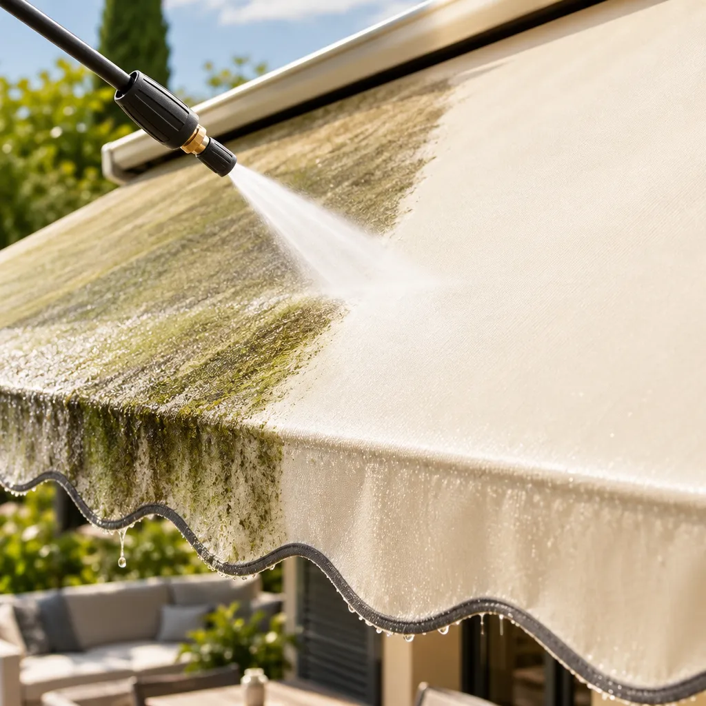 Démoussage et désinfection d'une toile de pergola extérieure à Saint-Paul-de-Vence