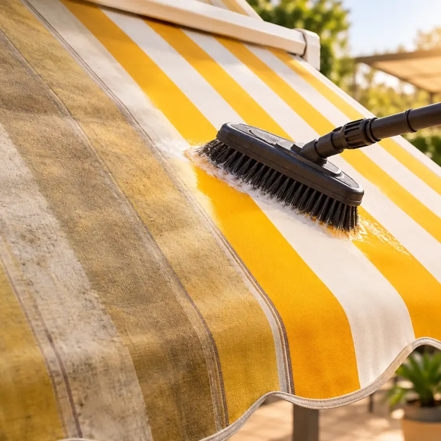 Ravivement des couleurs d'une toile de store banne rayée au soleil de la Riviera